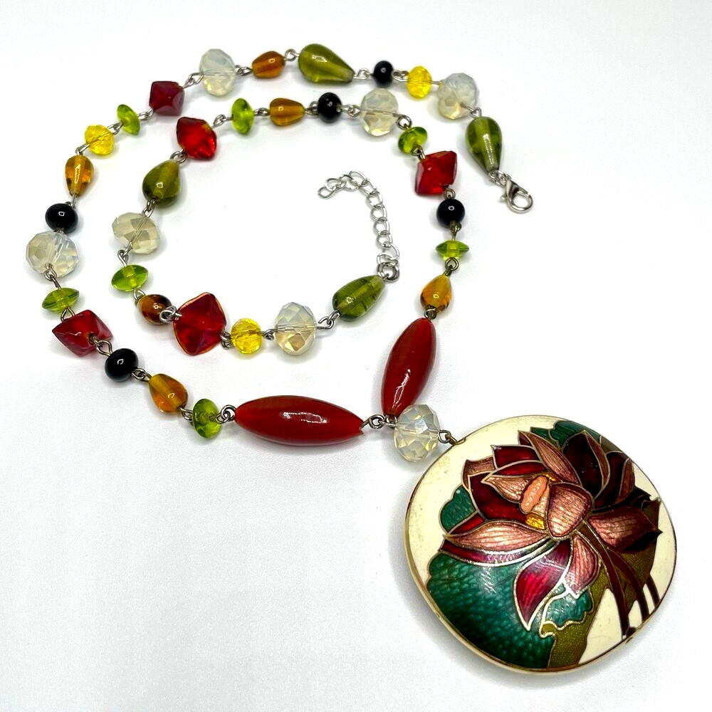 Artisan Handcrafted Floral Enamel Cloisonne Pendant Glass Beaded Necklace